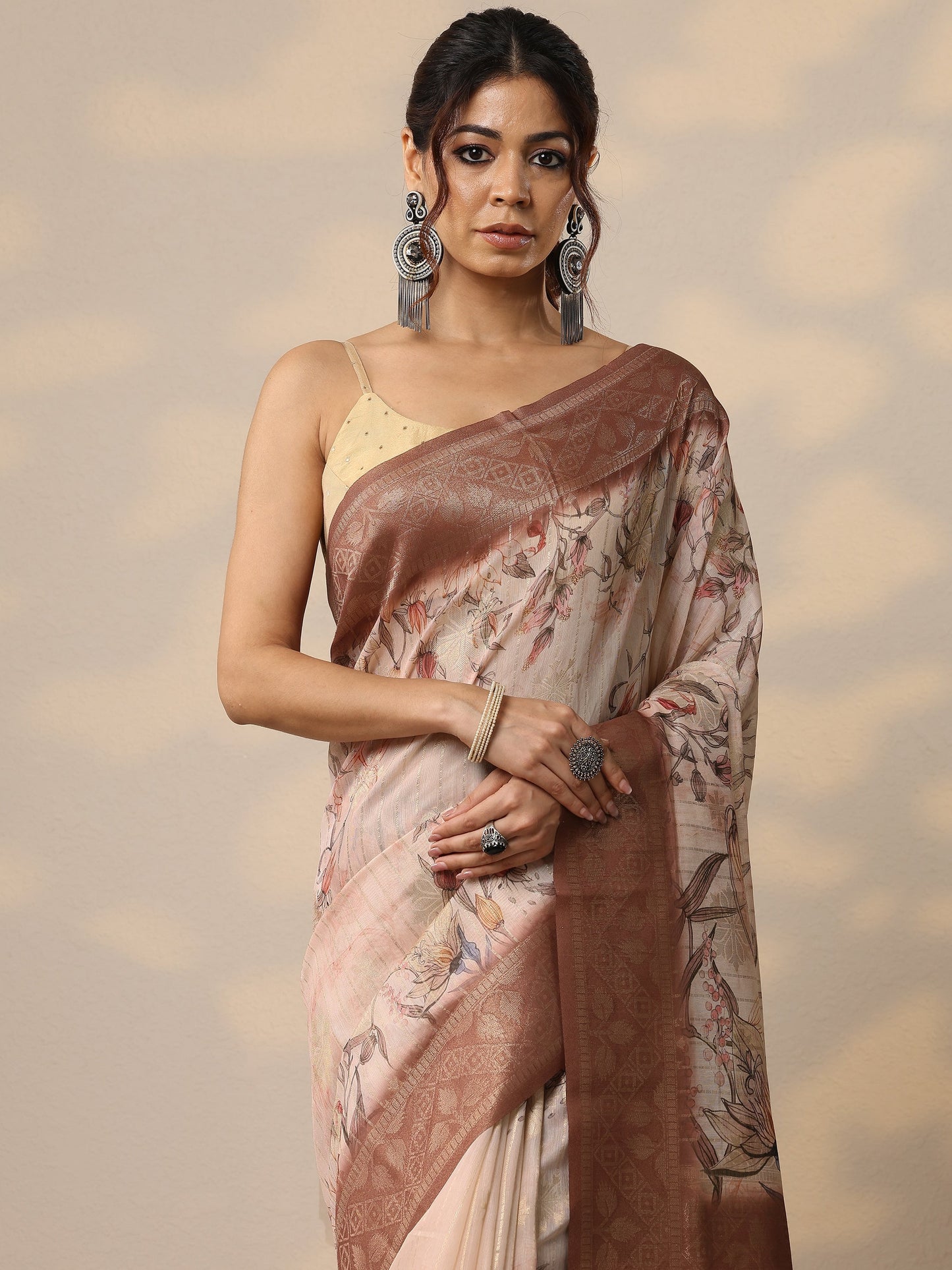 Brown Printed Cotton Blend Sarees With Unstitched Blouse Piece