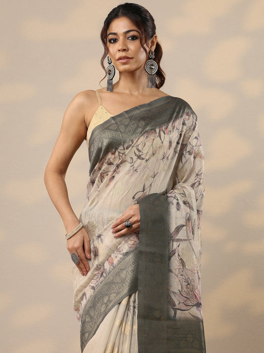 Grey Printed Cotton Blend Sarees With Unstitched Blouse Piece