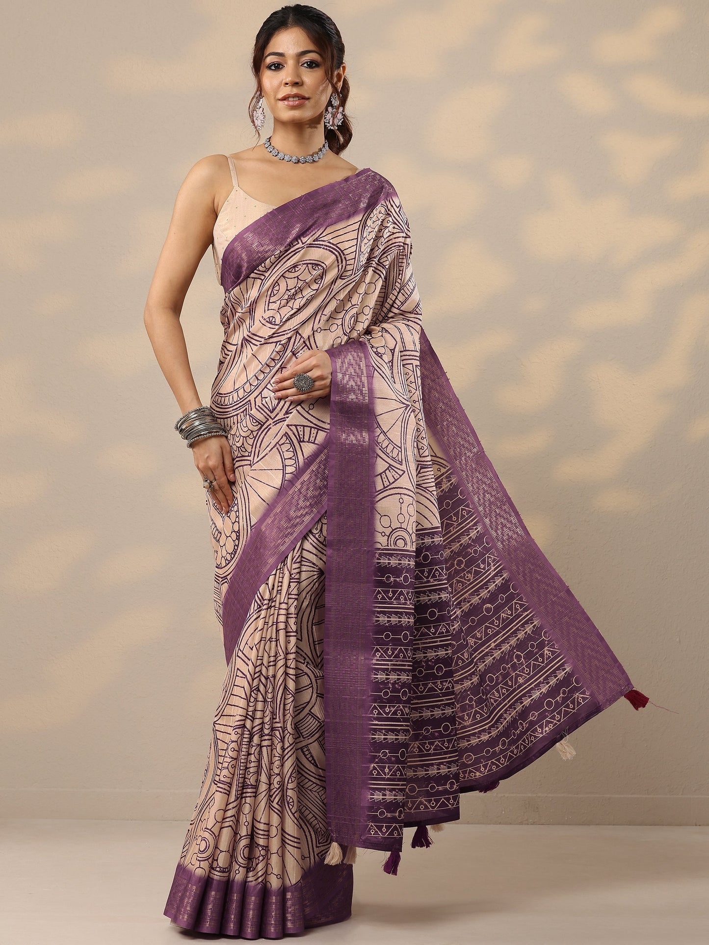 Purple Printed Silk Blend Sarees With Unstitched Blouse Piece