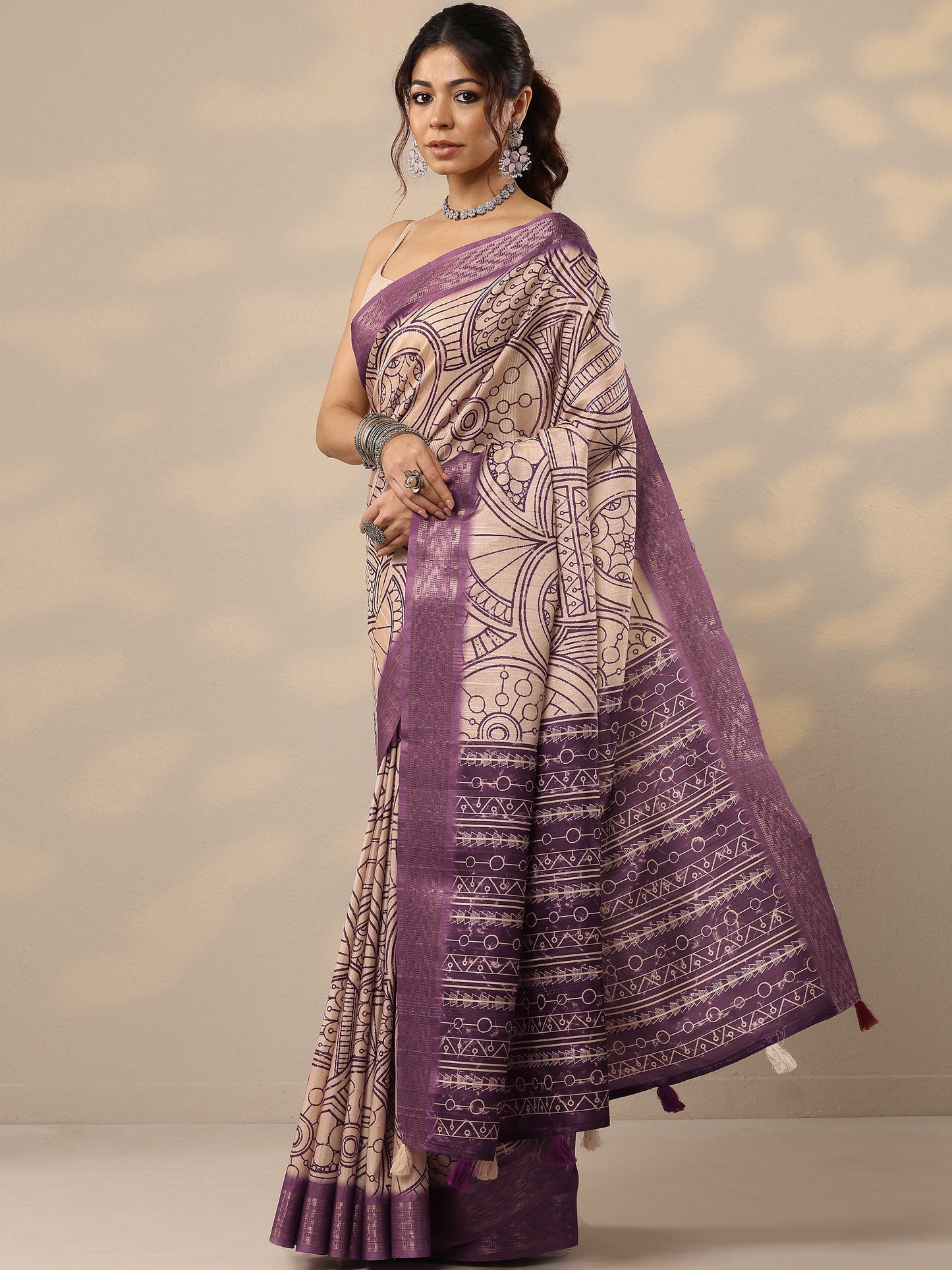 Purple Printed Silk Blend Sarees With Unstitched Blouse Piece