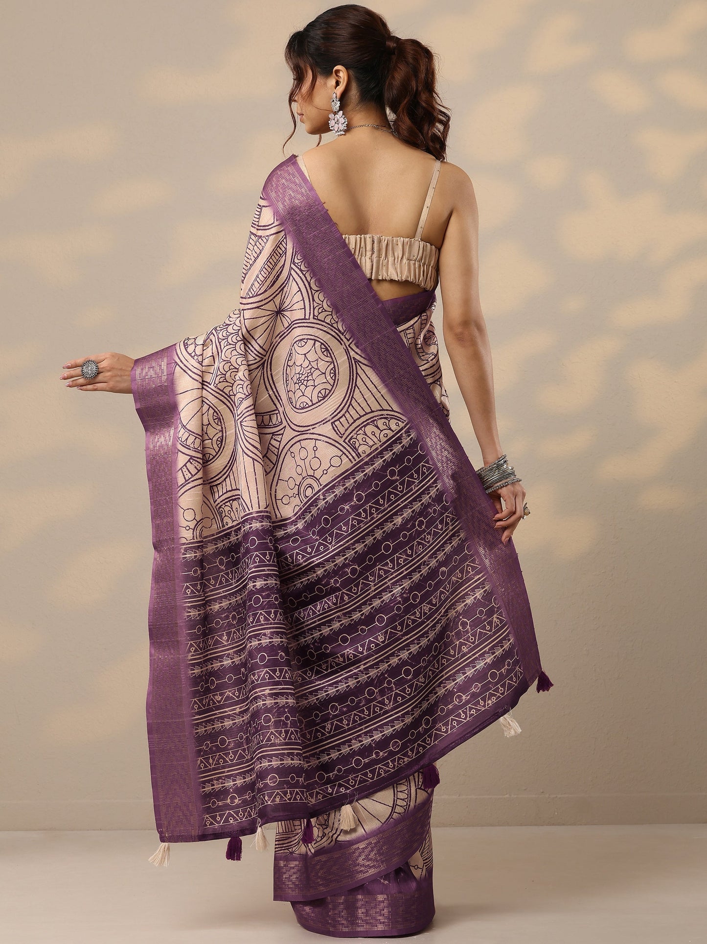 Purple Printed Silk Blend Sarees With Unstitched Blouse Piece