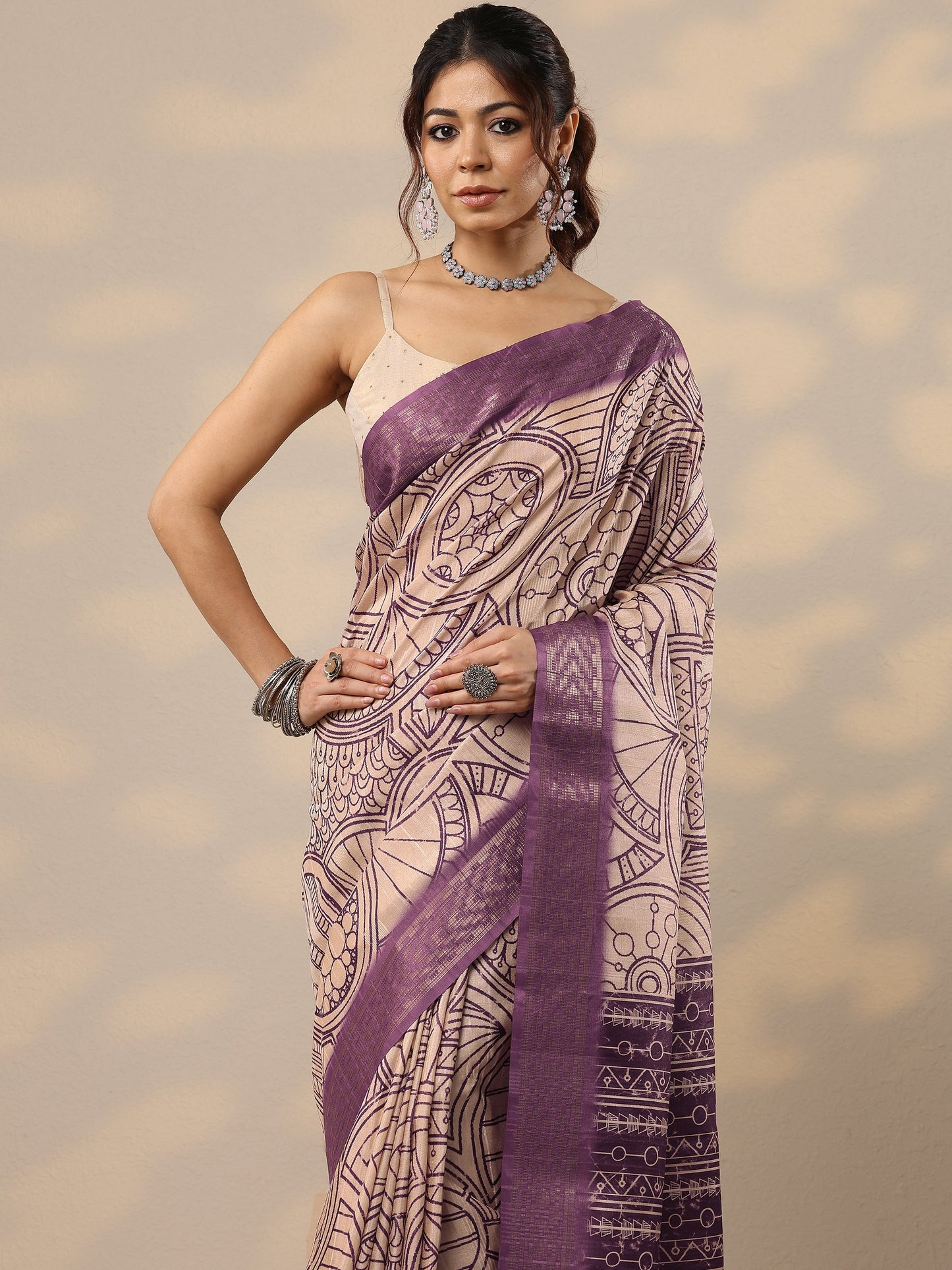 Purple Printed Silk Blend Sarees With Unstitched Blouse Piece