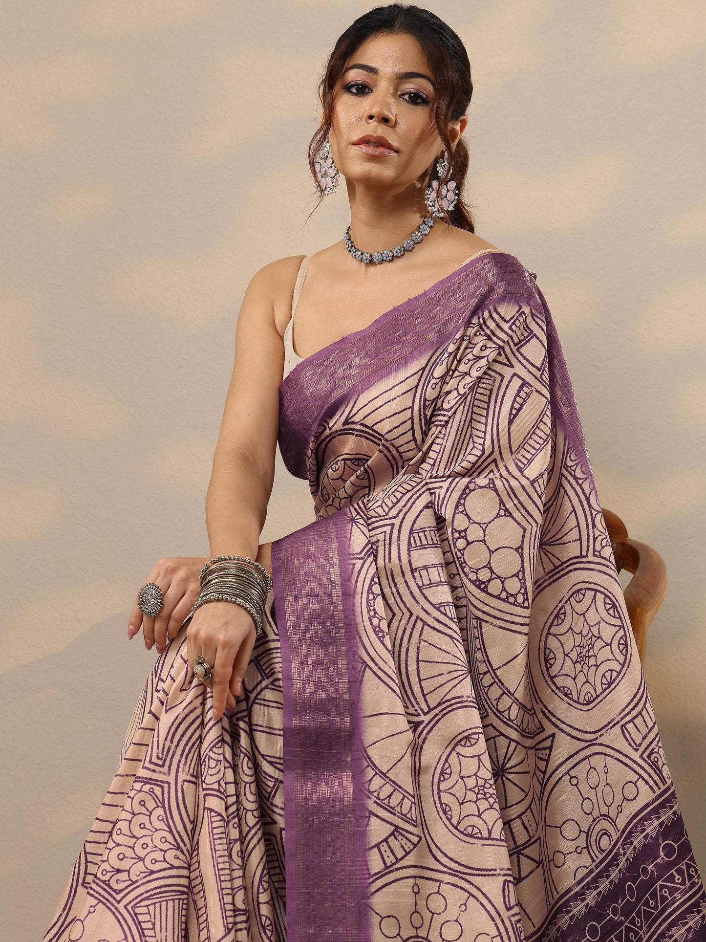 Purple Printed Silk Blend Sarees With Unstitched Blouse Piece
