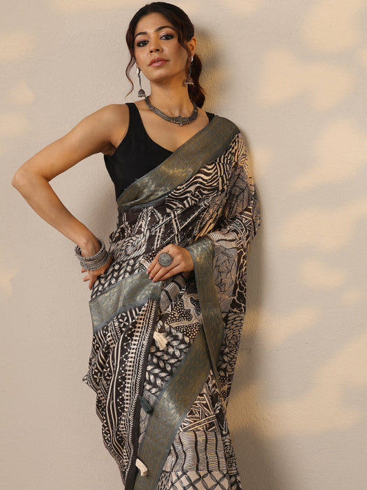 Grey Printed Silk Blend Sarees With Unstitched Blouse Piece