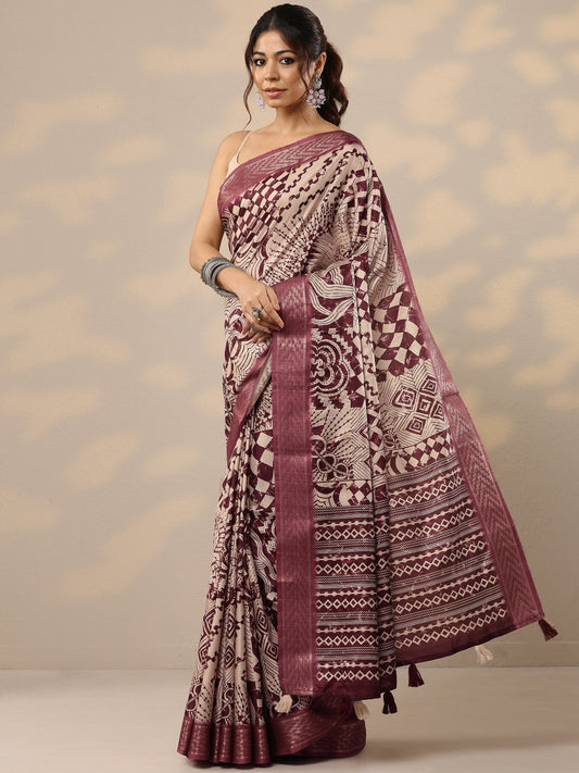Beige Printed Silk Blend Sarees With Unstitched Blouse Piece