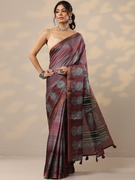 Burgundy Printed Cotton Blend Sarees With Unstitched Blouse Piece