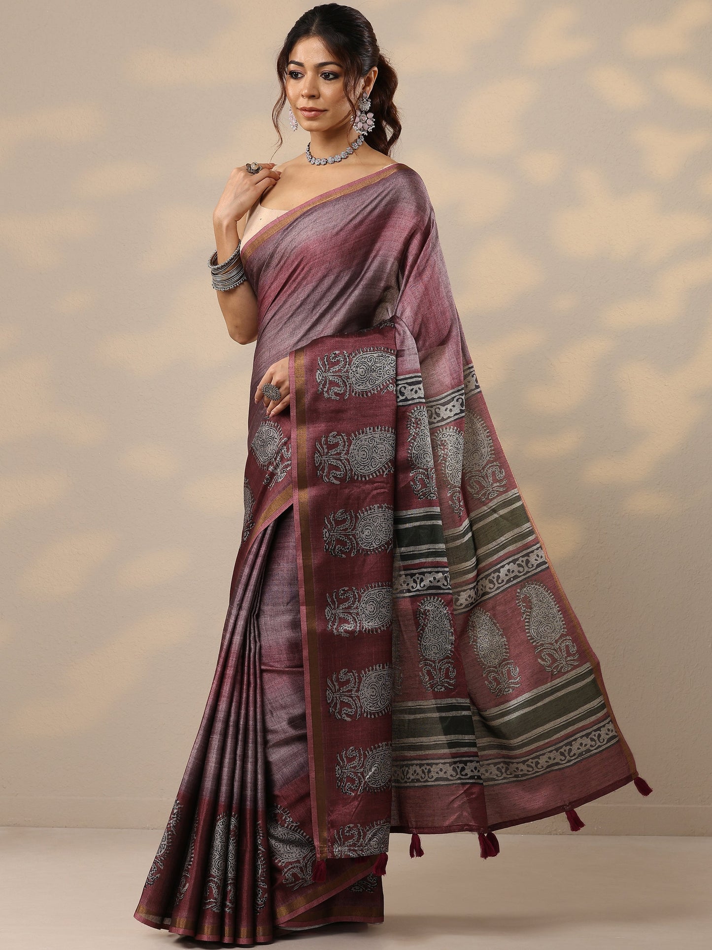 Burgundy Printed Cotton Blend Sarees With Unstitched Blouse Piece