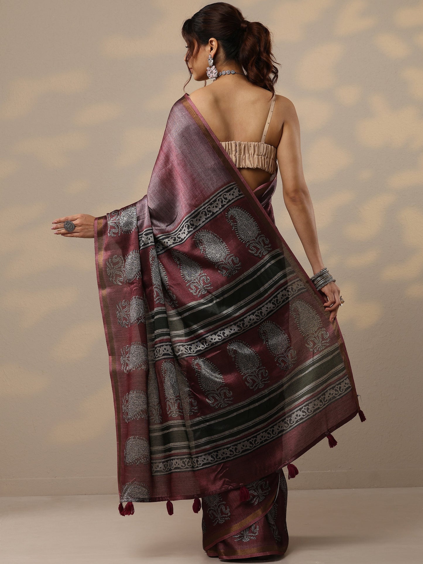 Burgundy Printed Cotton Blend Sarees With Unstitched Blouse Piece