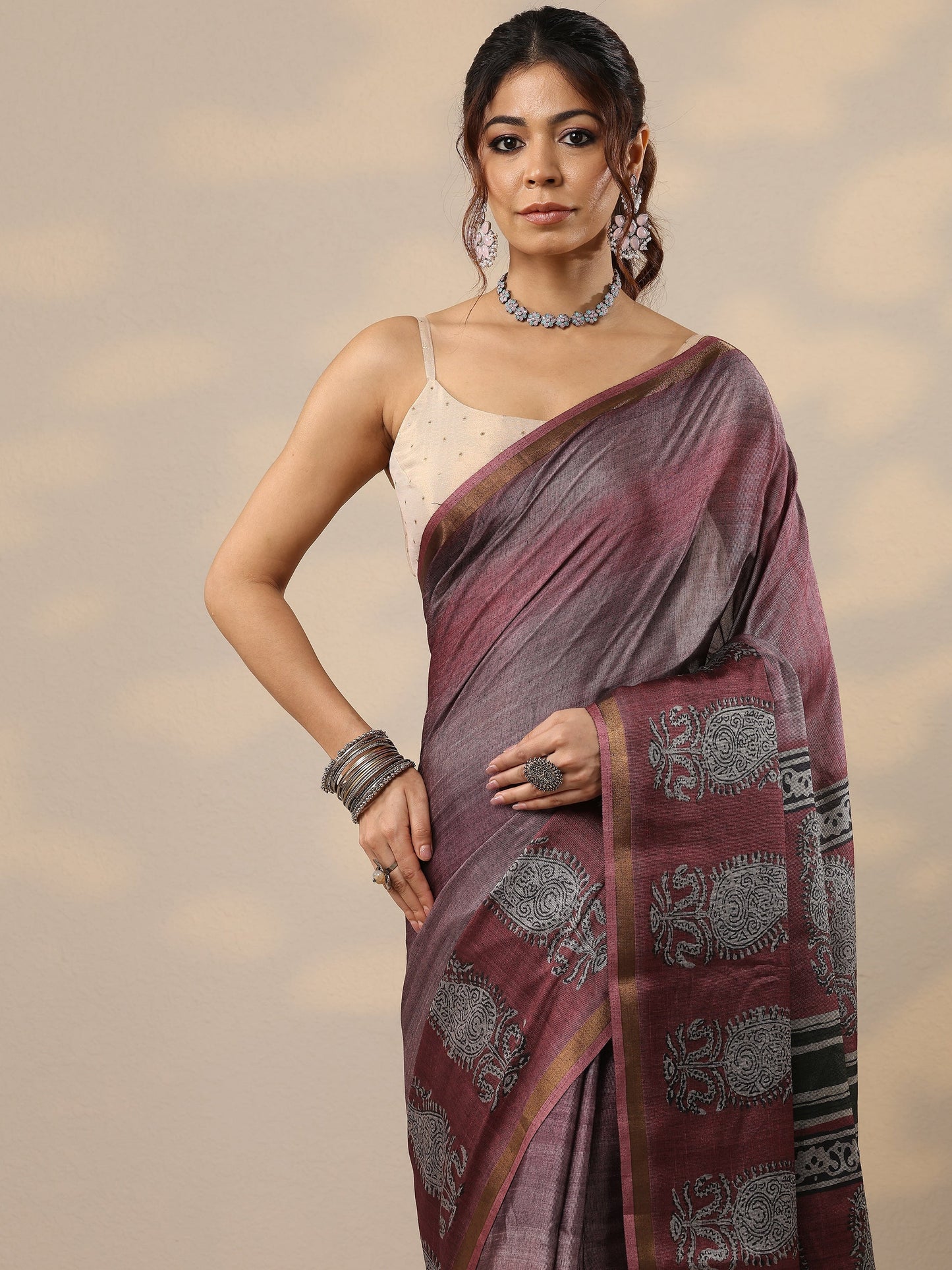 Burgundy Printed Cotton Blend Sarees With Unstitched Blouse Piece