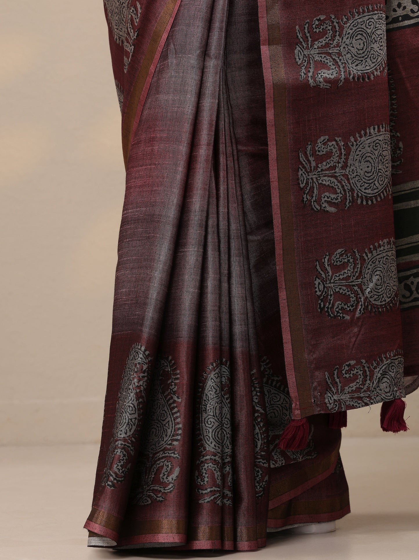 Burgundy Printed Cotton Blend Sarees With Unstitched Blouse Piece