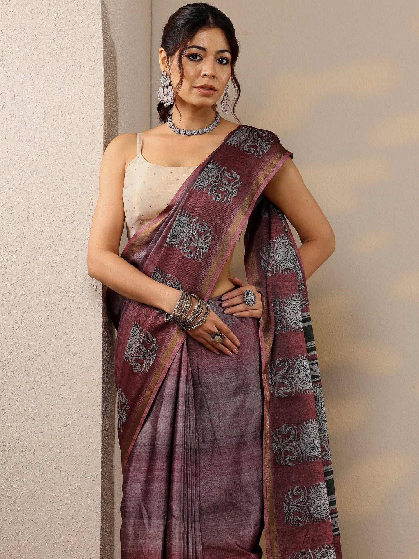 Burgundy Printed Cotton Blend Sarees With Unstitched Blouse Piece