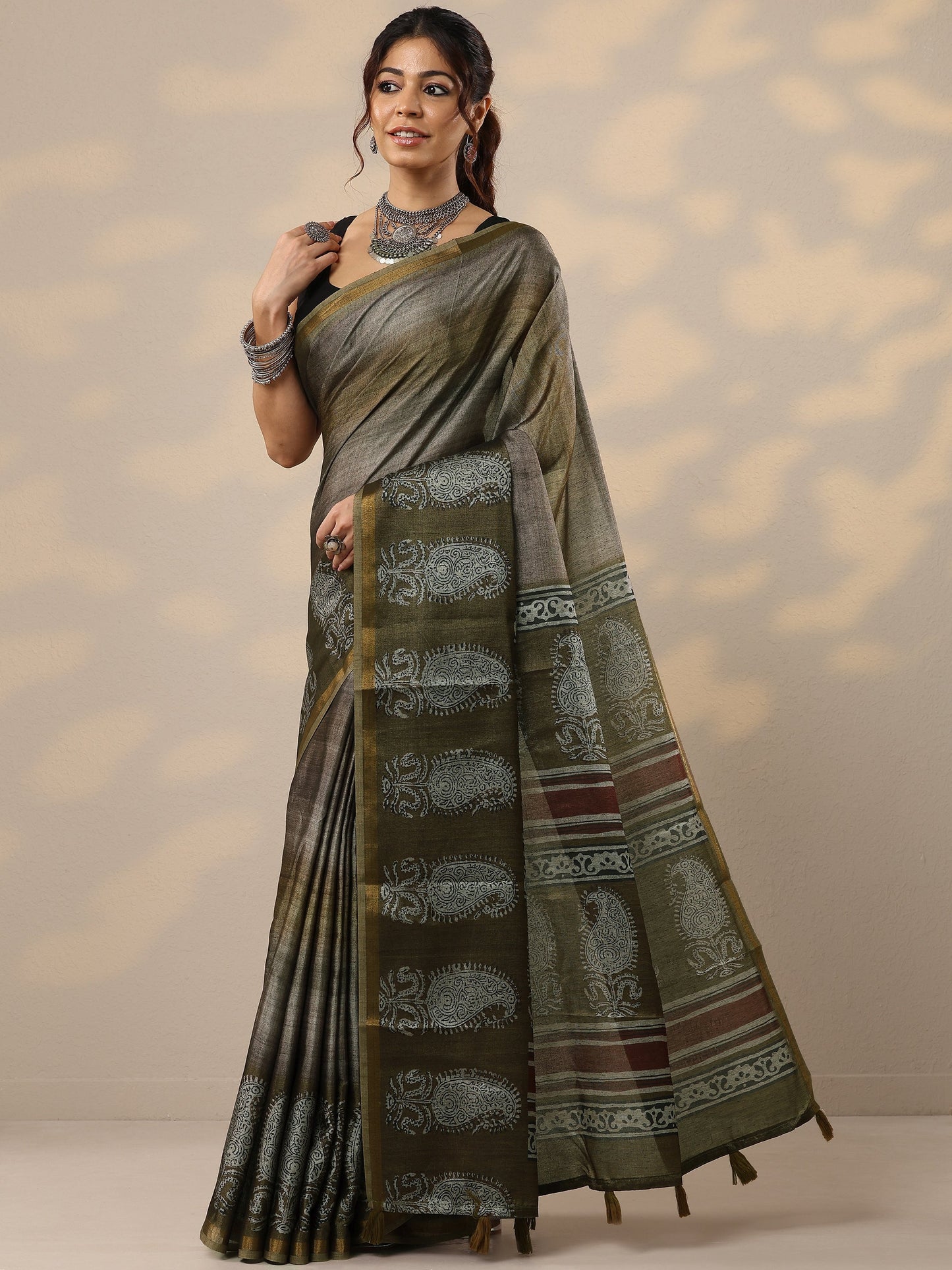 Olive Printed Cotton Blend Sarees With Unstitched Blouse Piece