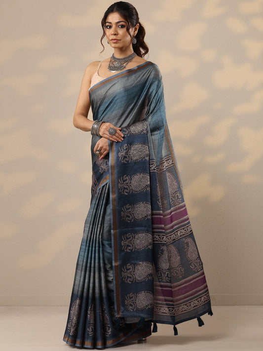 Blue Printed Cotton Blend Sarees With Unstitched Blouse Piece