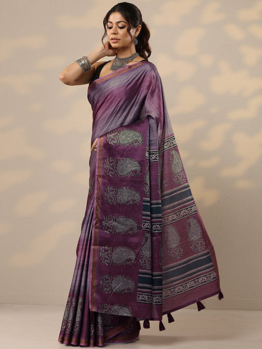Purple Printed Cotton Blend Sarees With Unstitched Blouse Piece