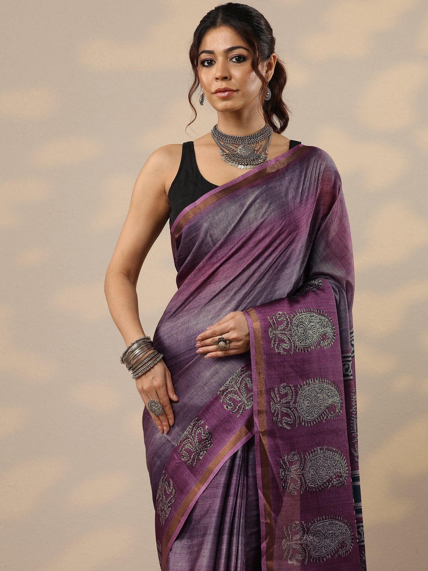 Purple Printed Cotton Blend Sarees With Unstitched Blouse Piece