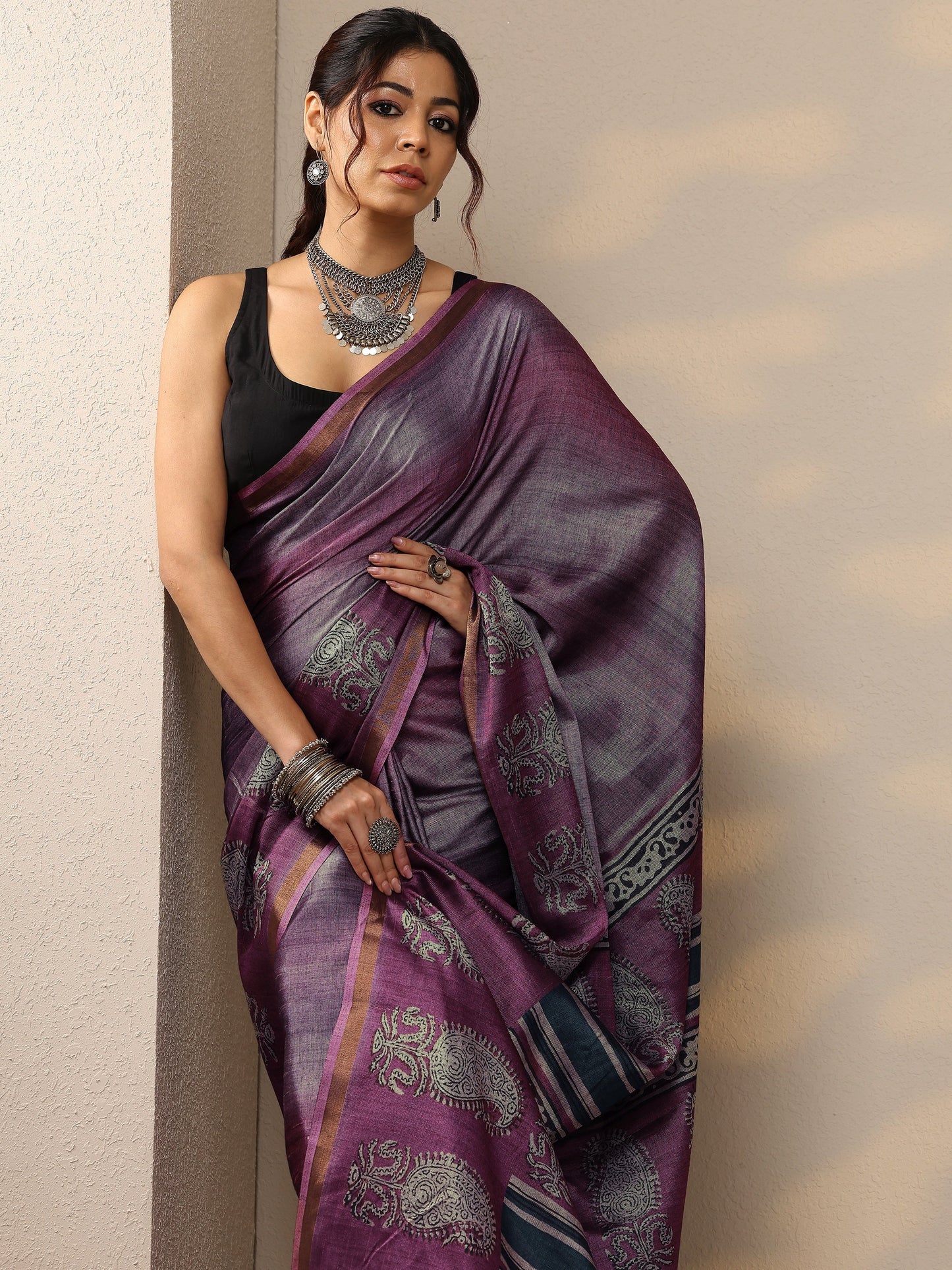 Purple Printed Cotton Blend Sarees With Unstitched Blouse Piece