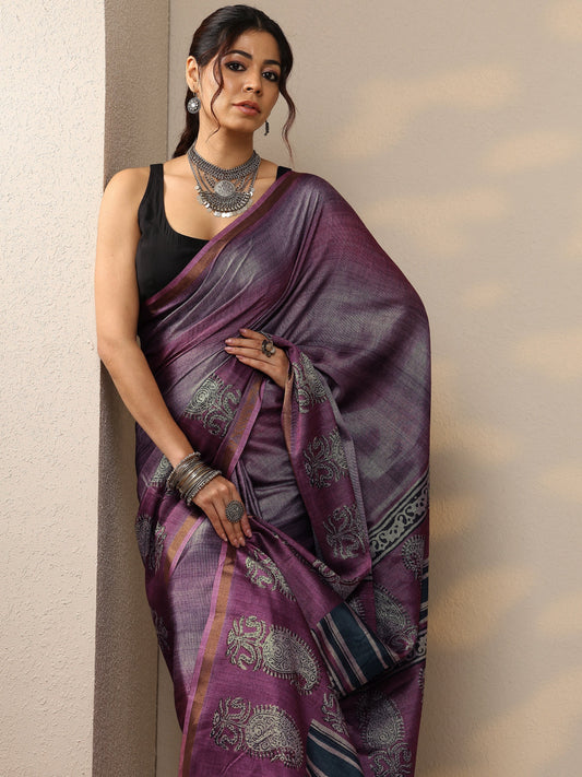 Purple Printed Cotton Blend Sarees With Unstitched Blouse Piece