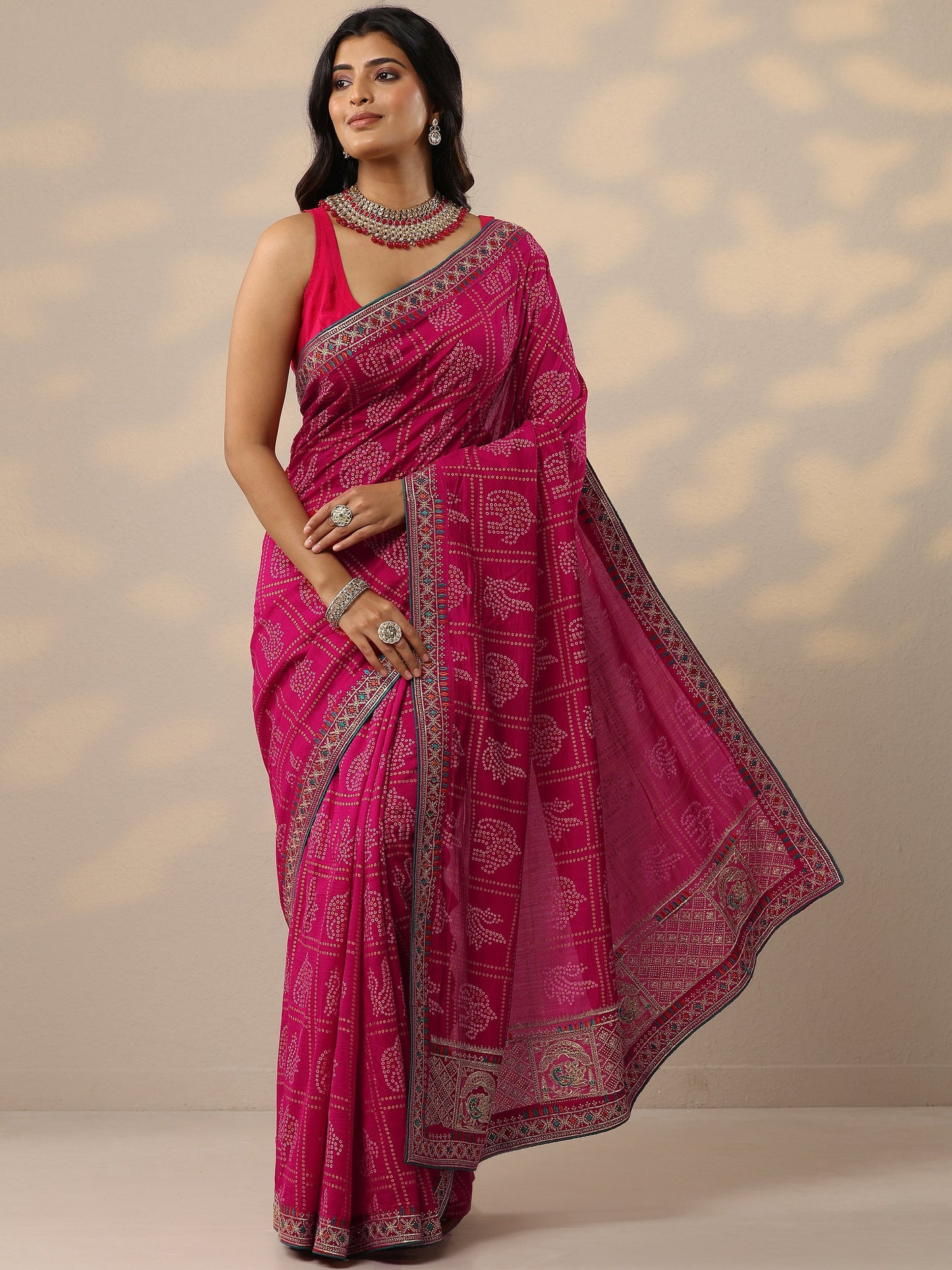 Pink Bandhani Printed Silk Blend Sarees With Unstitched Blouse Piece