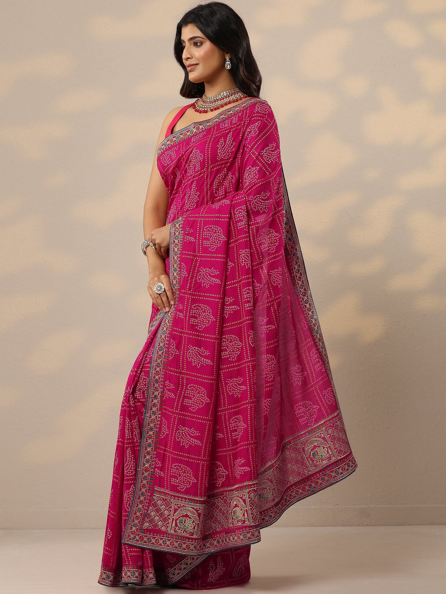 Pink Bandhani Printed Silk Blend Sarees With Unstitched Blouse Piece