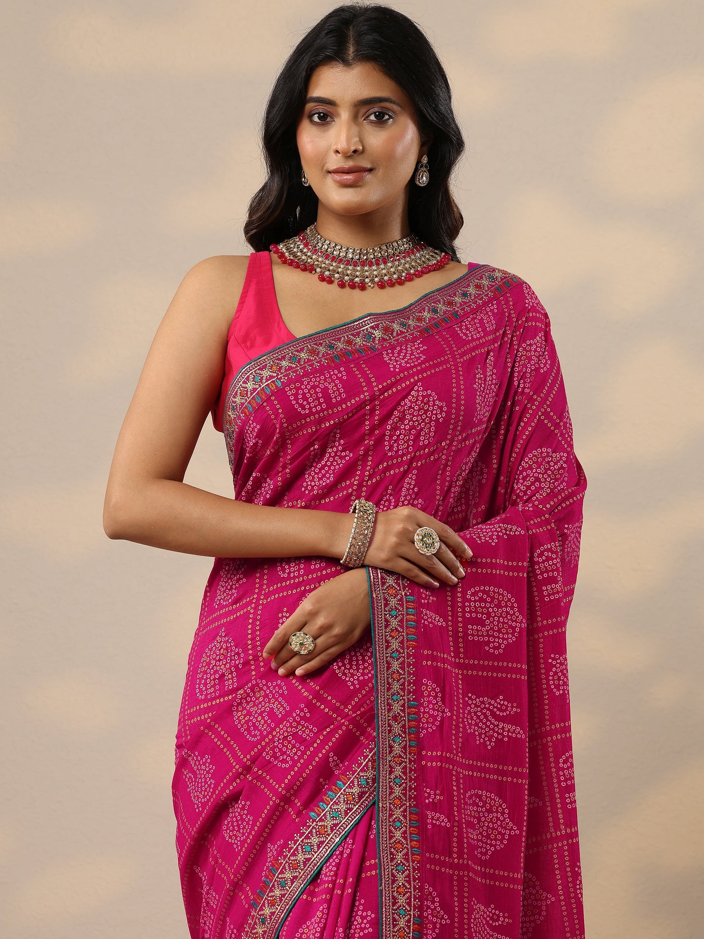 Pink Bandhani Printed Silk Blend Sarees With Unstitched Blouse Piece