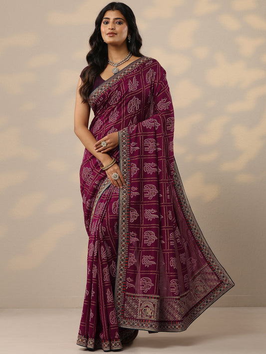 Maroon Bandhani Printed Silk Blend Sarees With Unstitched Blouse Piece