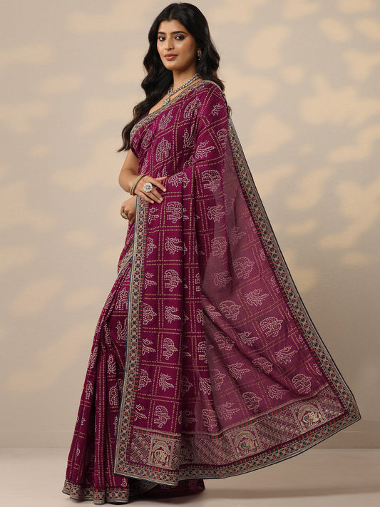 Maroon Bandhani Printed Silk Blend Sarees With Unstitched Blouse Piece