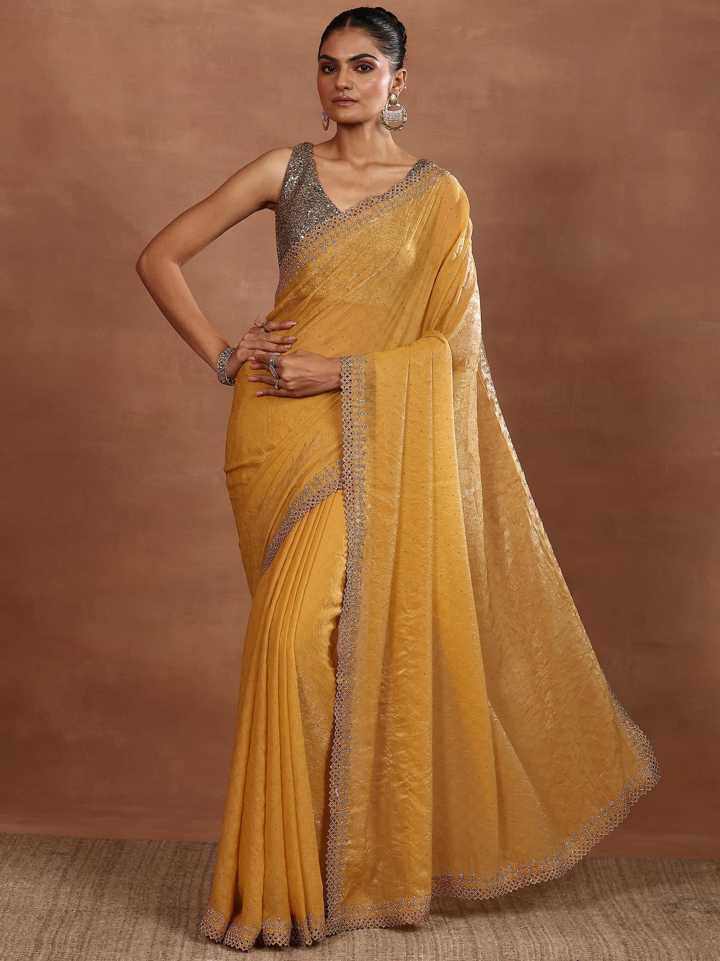 Mustard Embellished Chiffon Sarees With Unstitched Blouse Piece