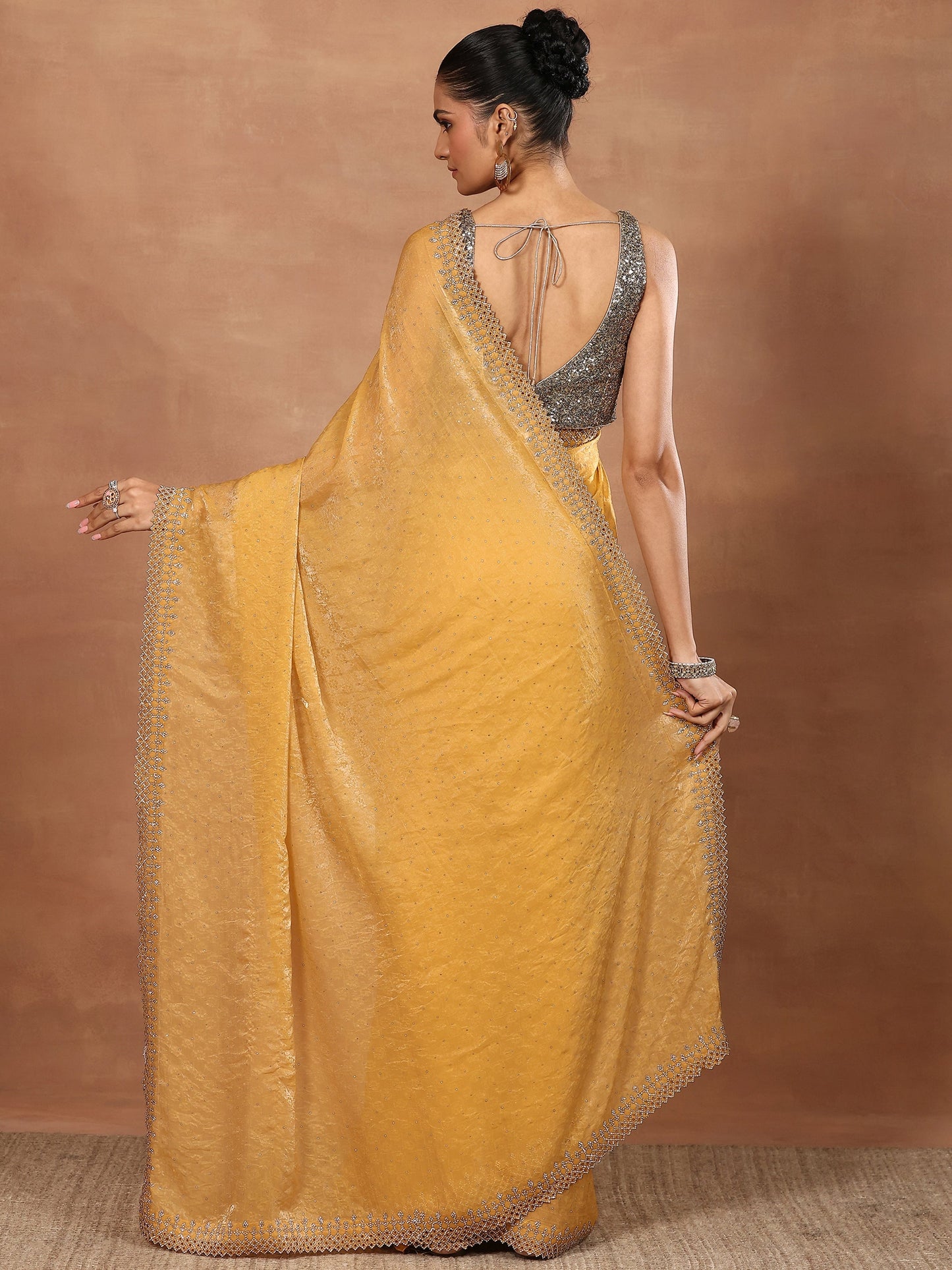 Mustard Embellished Chiffon Sarees With Unstitched Blouse Piece