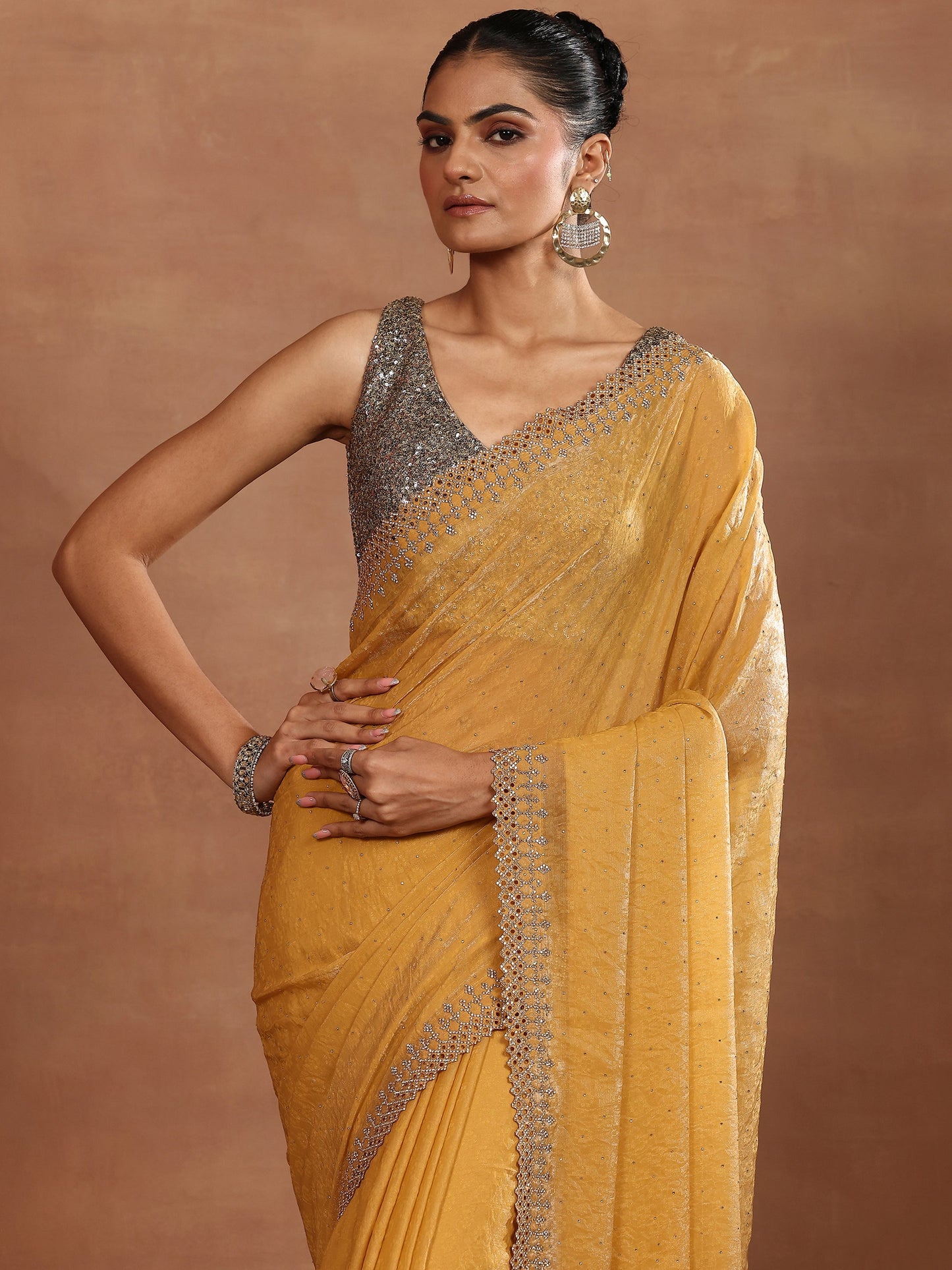 Mustard Embellished Chiffon Sarees With Unstitched Blouse Piece