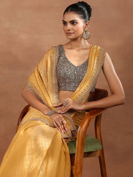 Mustard Embellished Chiffon Sarees With Unstitched Blouse Piece