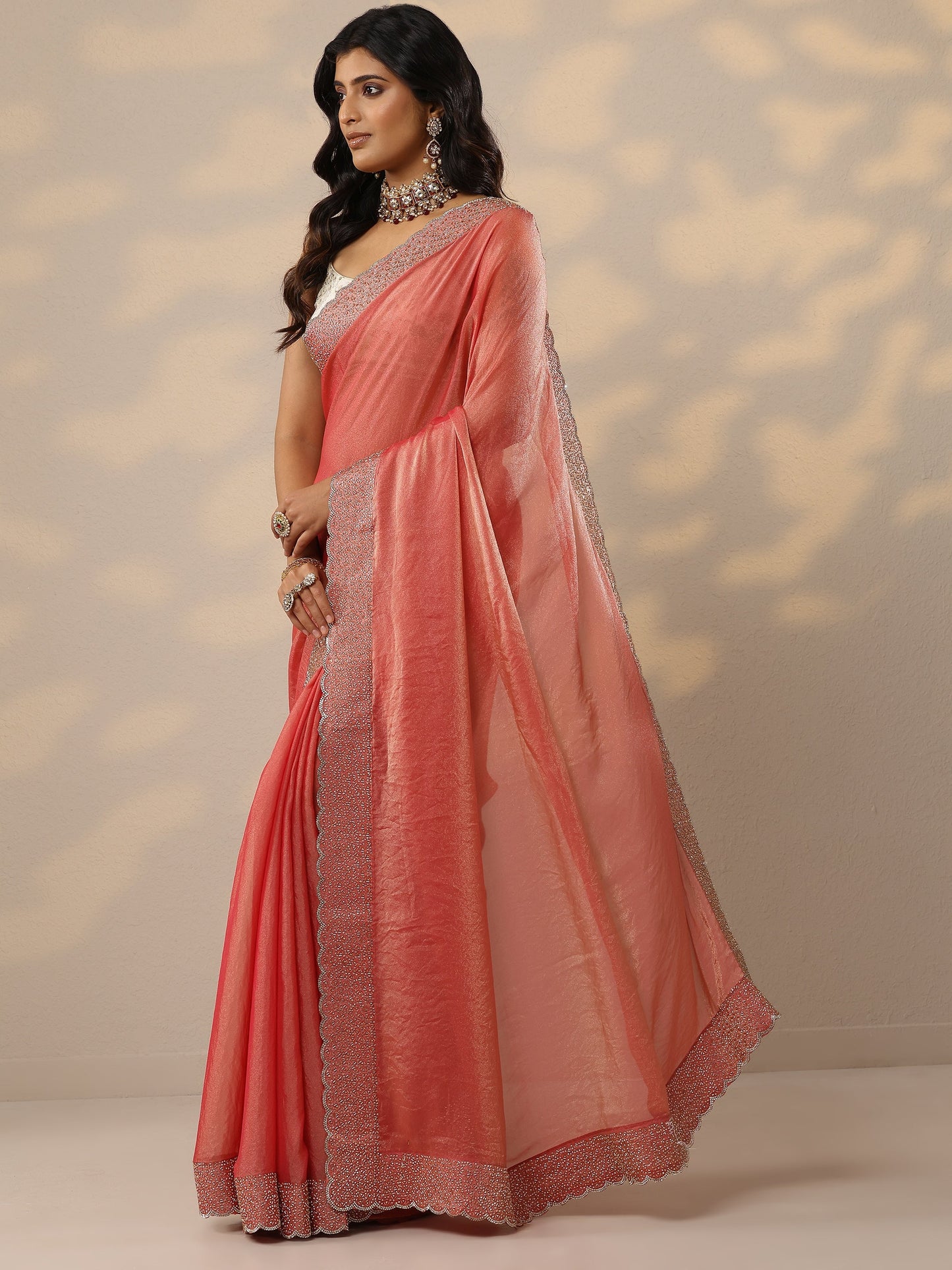 Coral Embellished Organza Sarees With Unstitched Blouse Piece