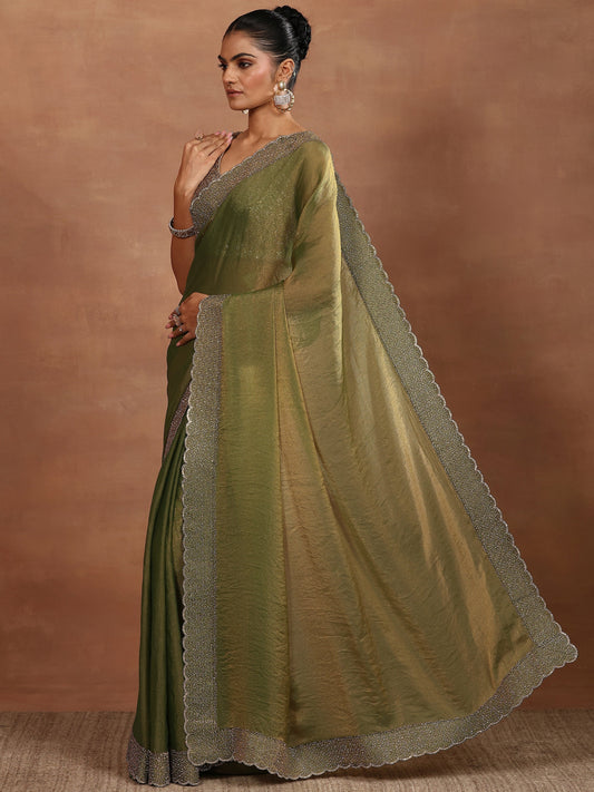 Green Embellished Organza Sarees With Unstitched Blouse Piece