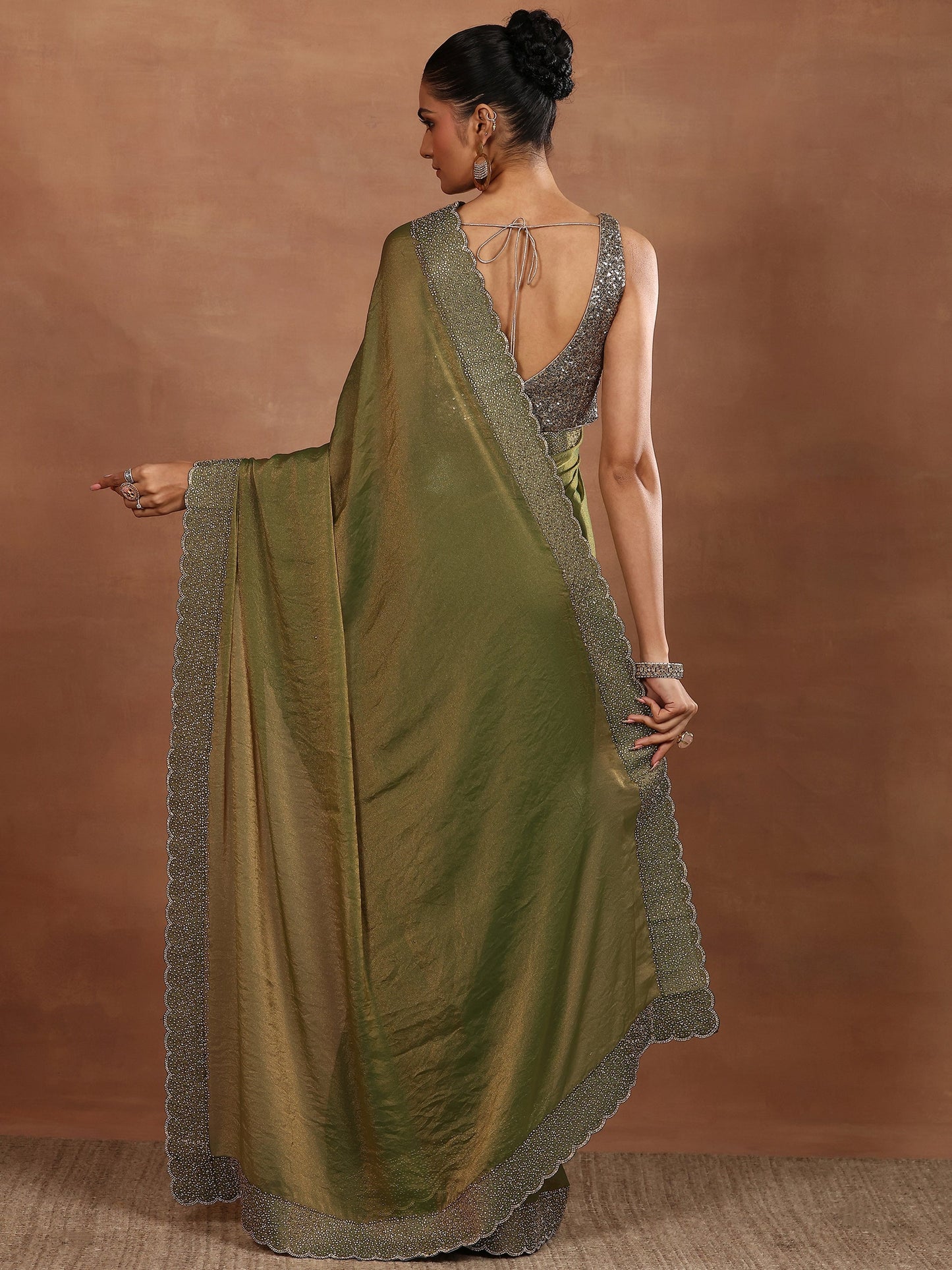 Green Embellished Organza Sarees With Unstitched Blouse Piece