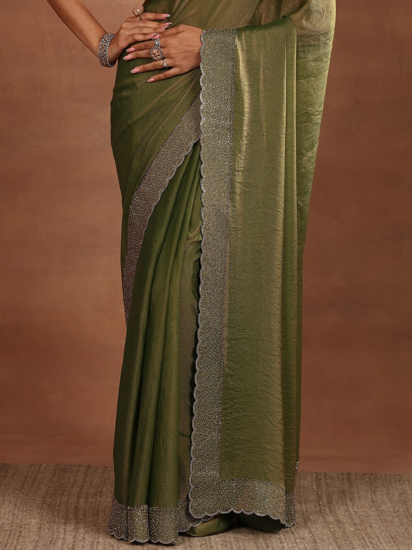 Green Embellished Organza Sarees With Unstitched Blouse Piece