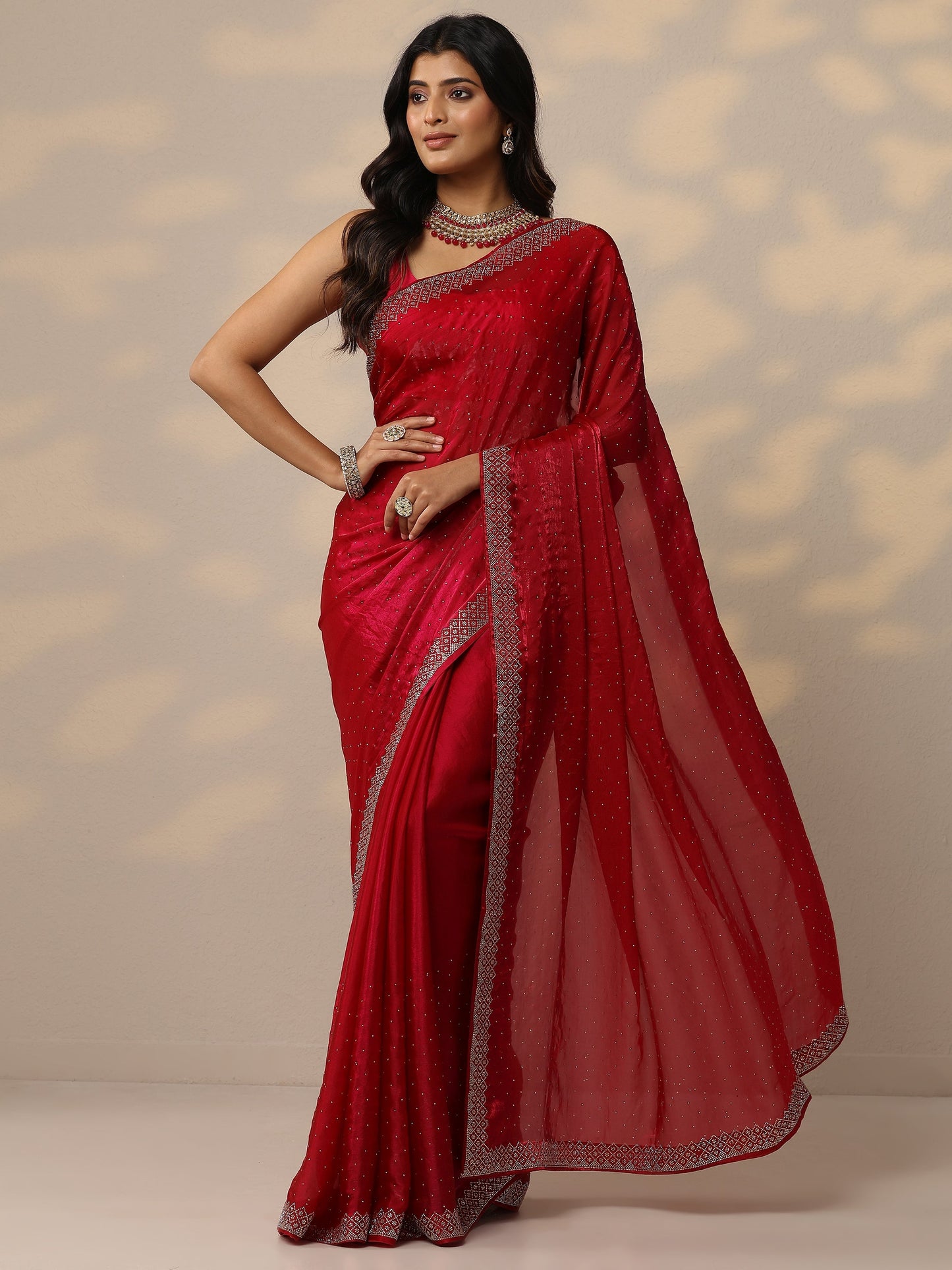 Magenta Embellished Organza Sarees With Unstitched Blouse Piece