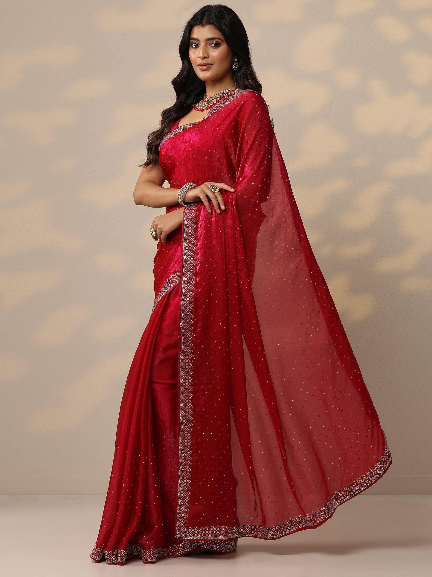 Magenta Embellished Organza Sarees With Unstitched Blouse Piece