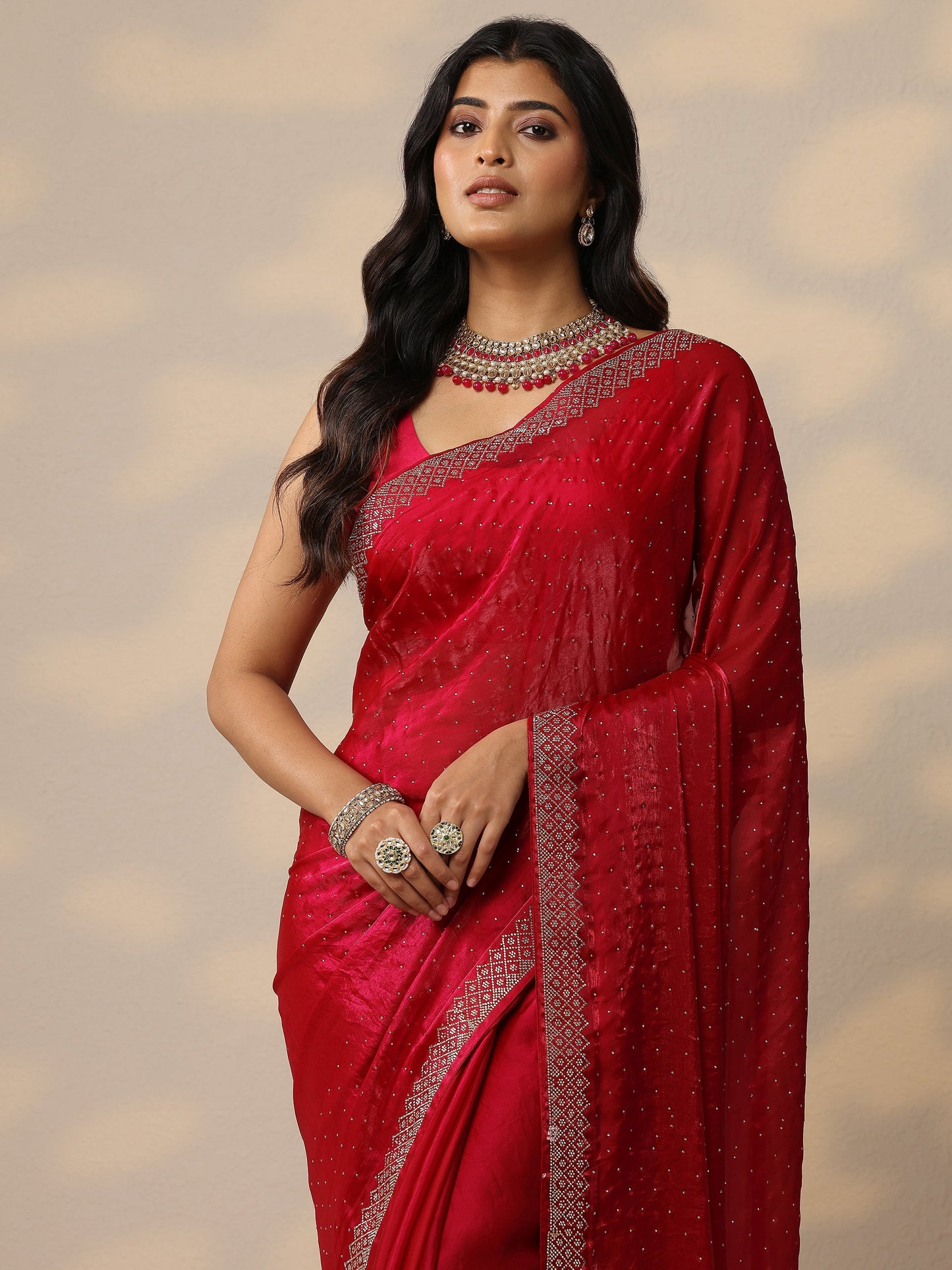 Magenta Embellished Organza Sarees With Unstitched Blouse Piece