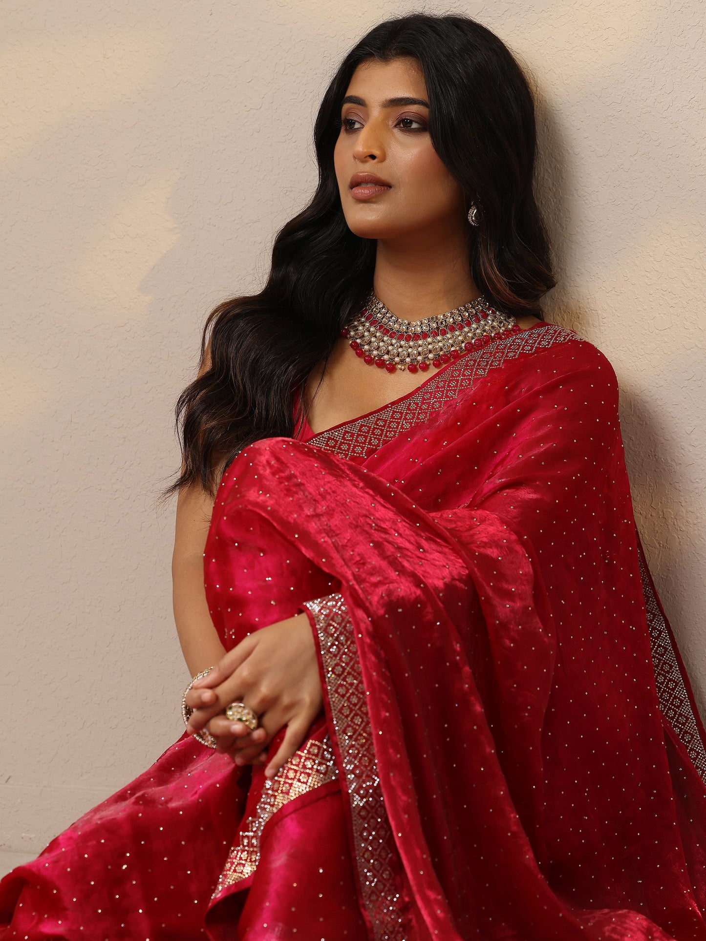 Magenta Embellished Organza Sarees With Unstitched Blouse Piece