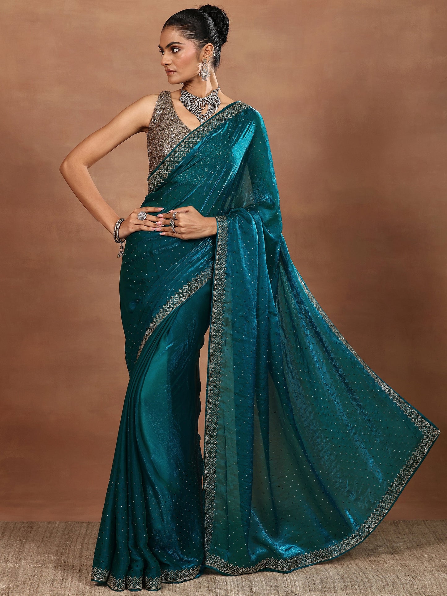 Blue Embellished Organza Sarees With Unstitched Blouse Piece