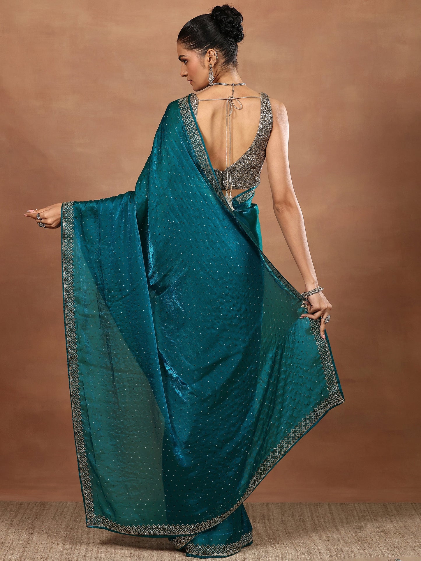 Blue Embellished Organza Sarees With Unstitched Blouse Piece