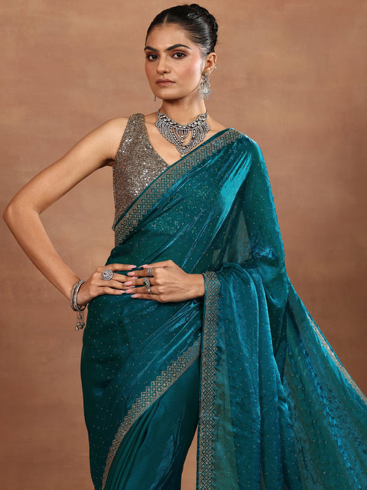 Blue Embellished Organza Sarees With Unstitched Blouse Piece