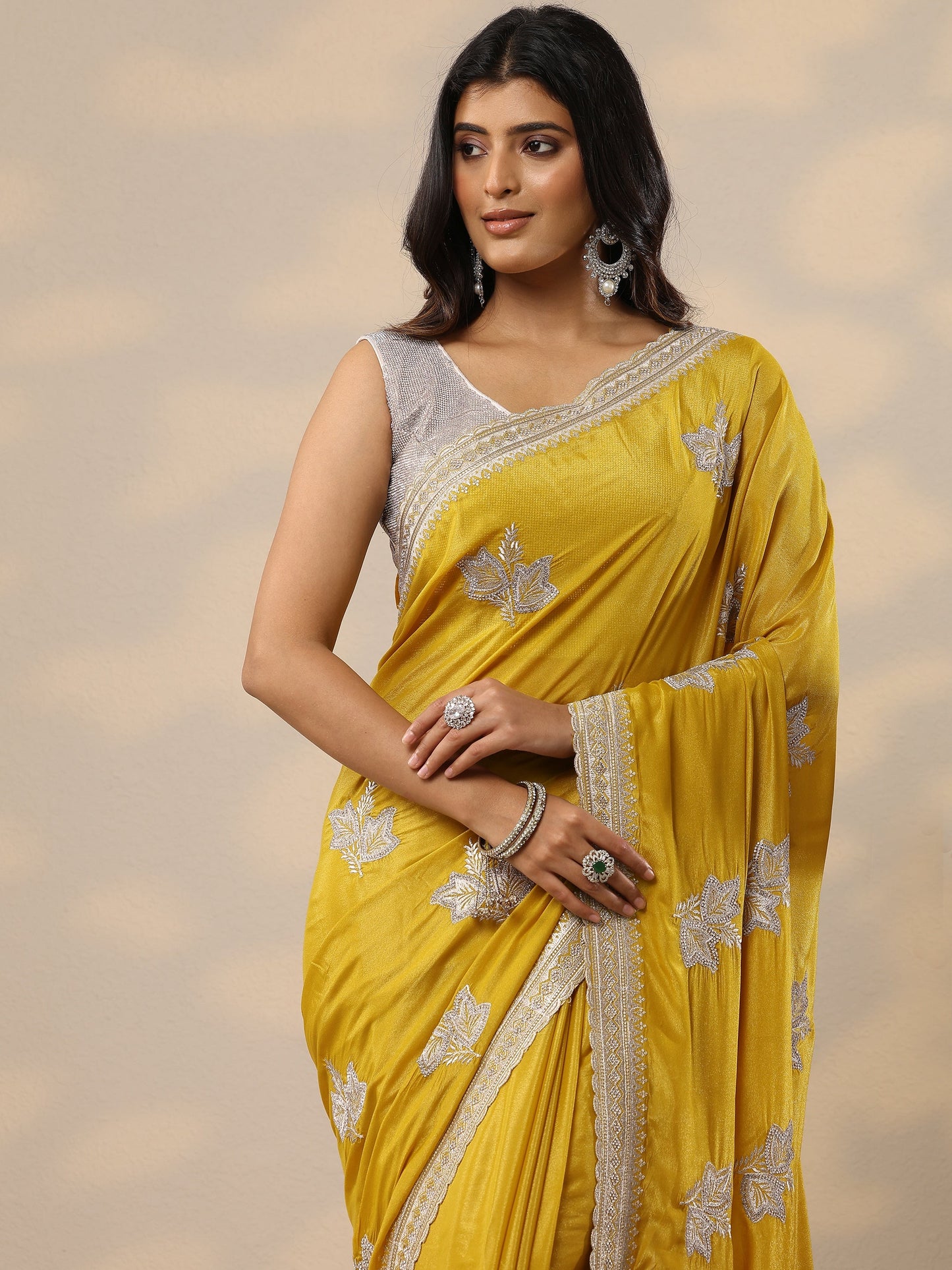 Yellow Embroidered Silk Blend Sarees With Unstitched Blouse Piece