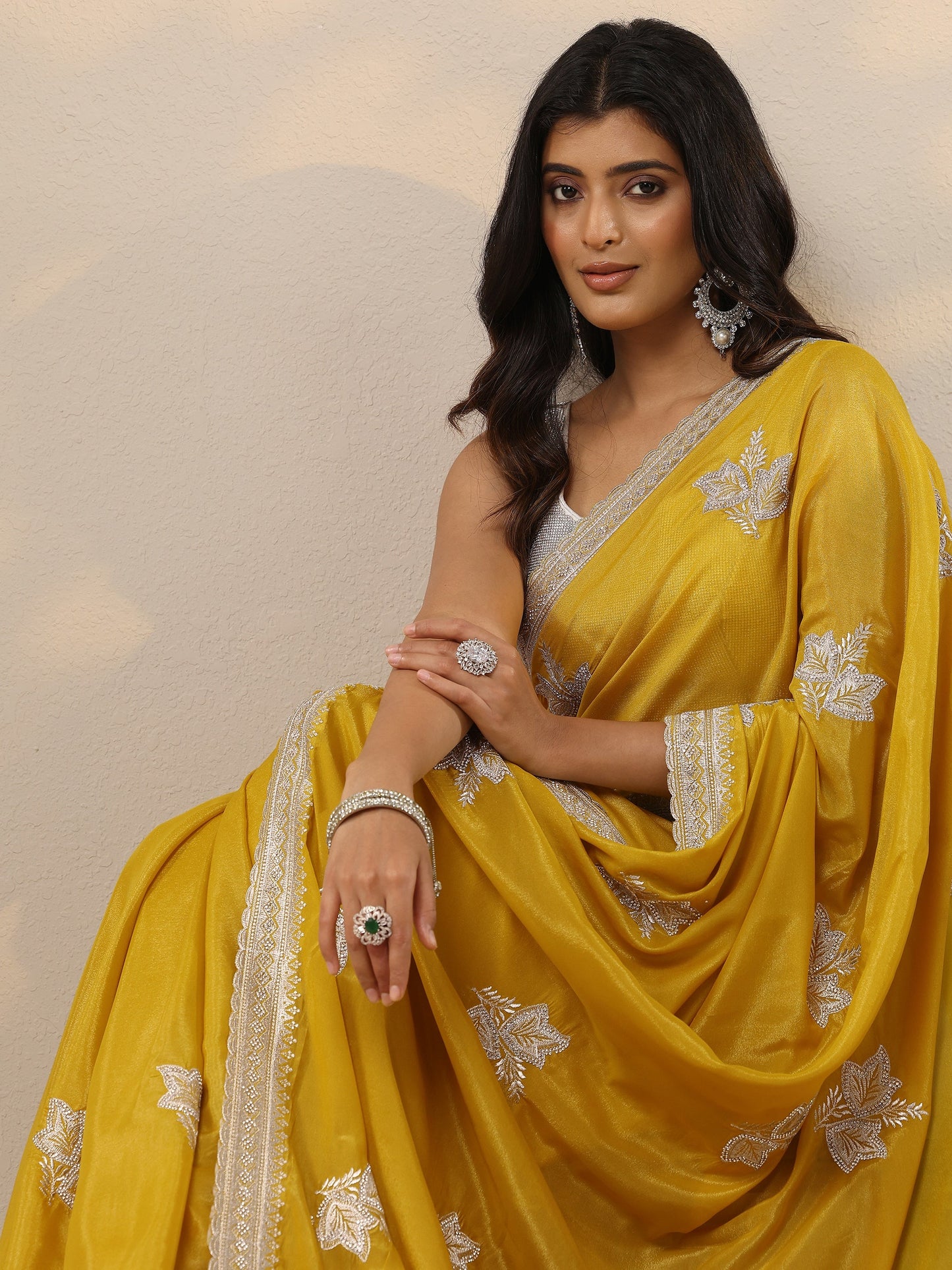 Yellow Embroidered Silk Blend Sarees With Unstitched Blouse Piece