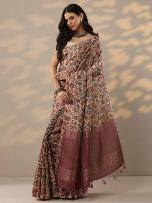 Taupe Printed Silk Blend Saree With Unstitched Blouse Piece