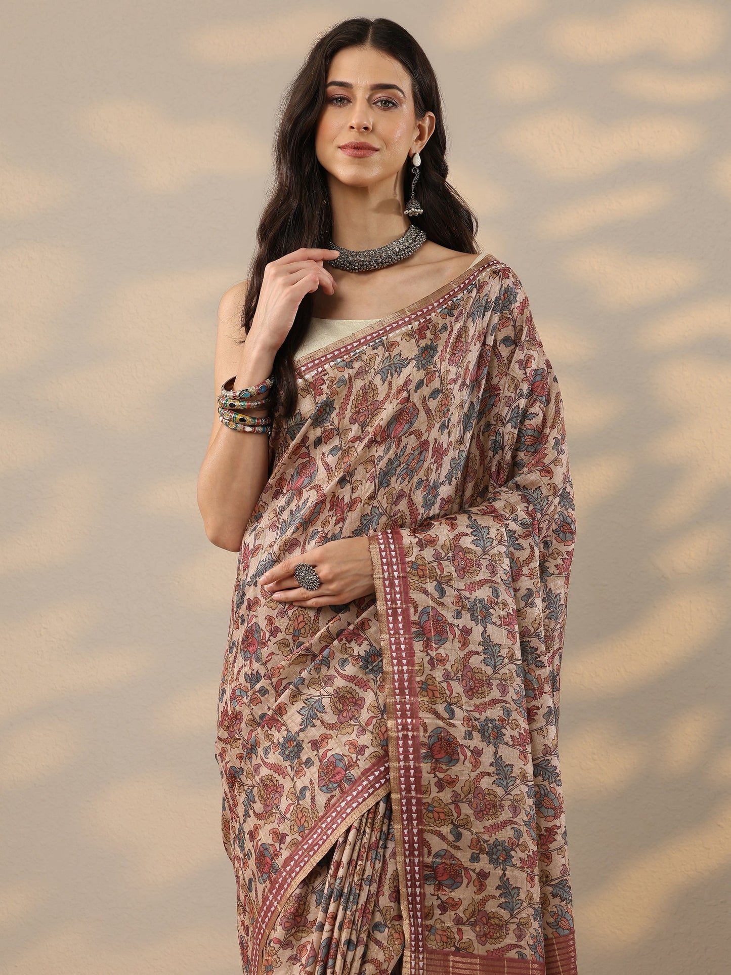 Taupe Printed Silk Blend Saree With Unstitched Blouse Piece