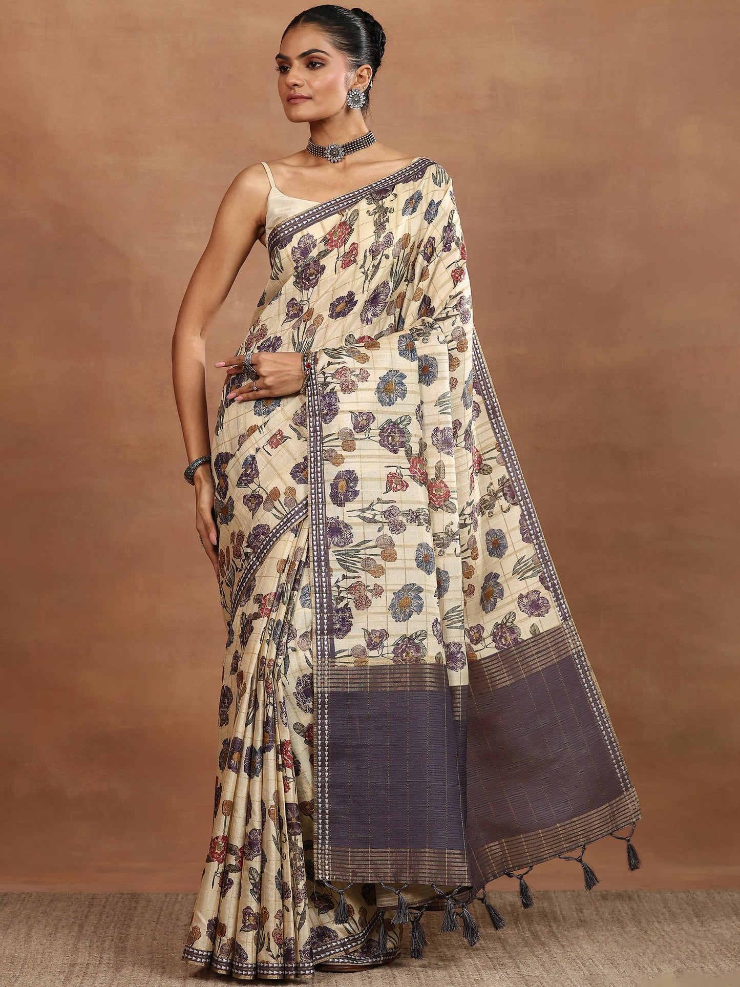 Beige Printed Silk Blend Sarees With Unstitched Blouse Piece