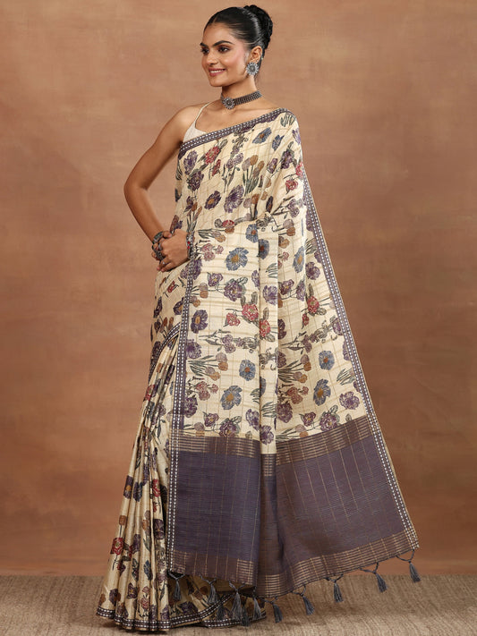 Beige Printed Silk Blend Sarees With Unstitched Blouse Piece
