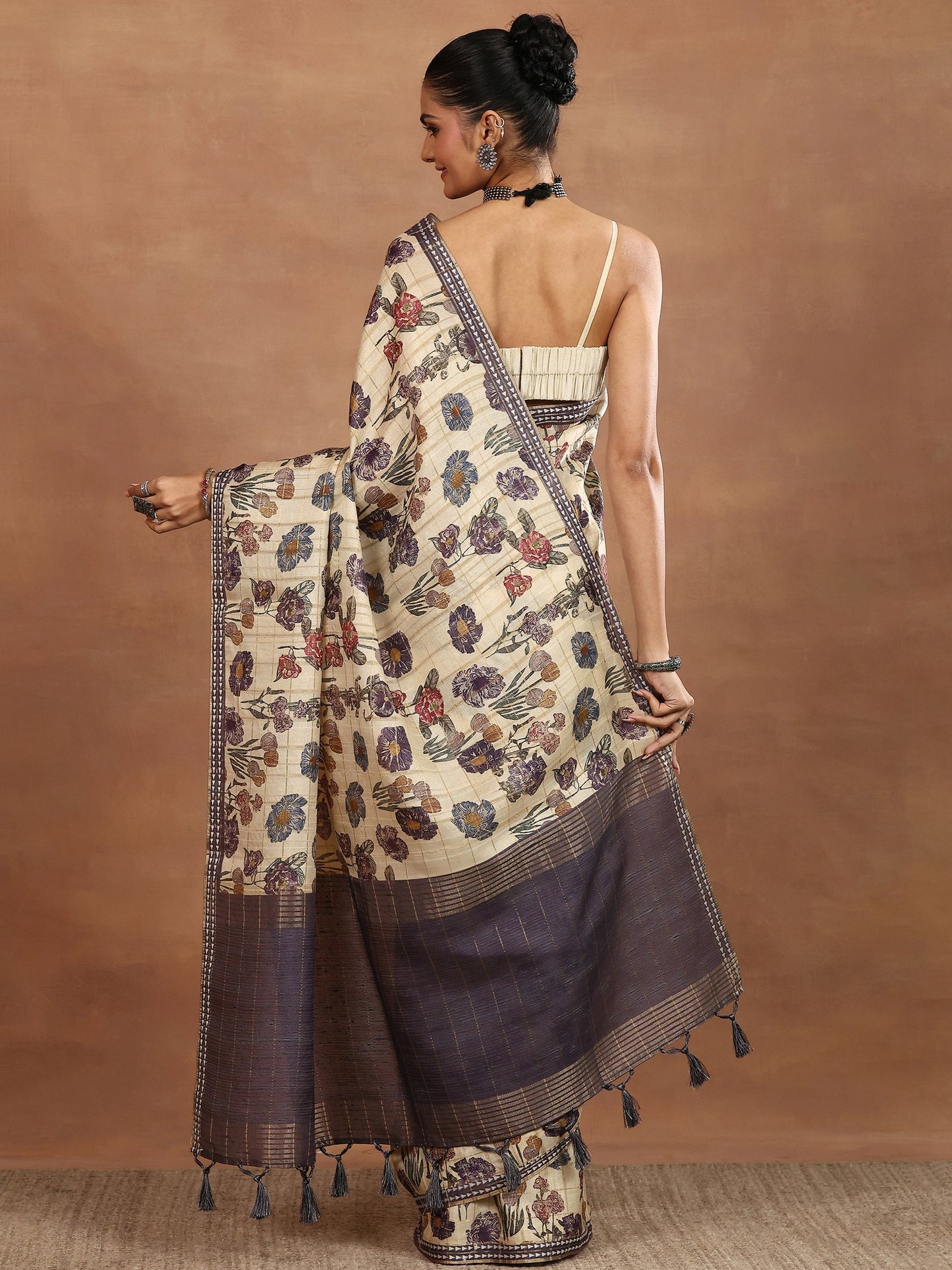Beige Printed Silk Blend Sarees With Unstitched Blouse Piece