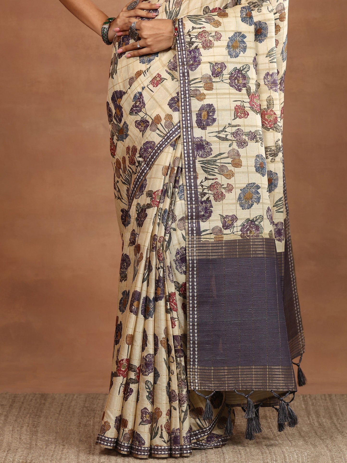 Beige Printed Silk Blend Sarees With Unstitched Blouse Piece