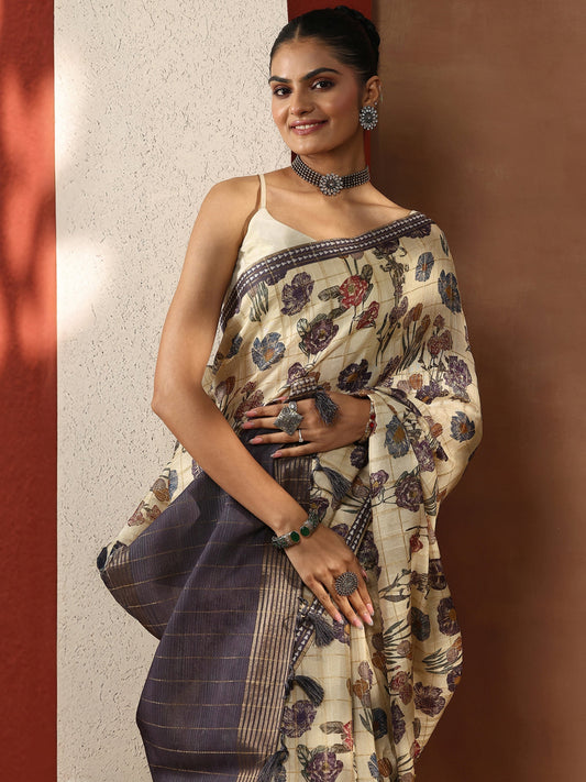 Beige Printed Silk Blend Sarees With Unstitched Blouse Piece